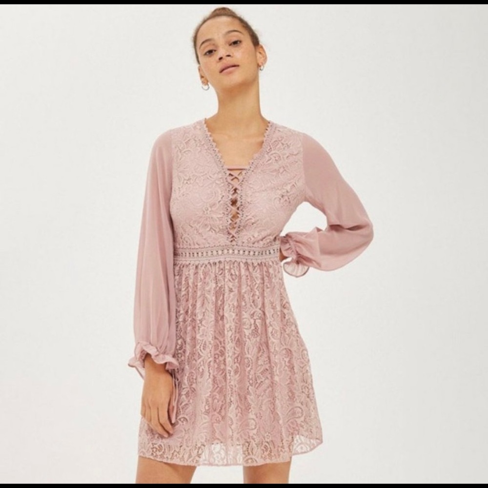 Mauve lace detail long sleeve mini  dress